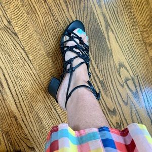 New BLIND-FAITH Simple Wraparound Black Strappy Block Heel Leather Sandal Sz 7.5